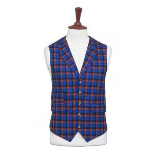 Mens Plaid Vest 44R Wool Blue Orange Waistcoat XL Formal Wedding Groom Party